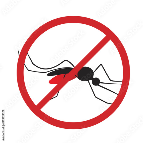 No mosquito warning symbol with black insect silhouette inside red prohibition circle, simple pest control and disease prevention vector sign isolated on light background