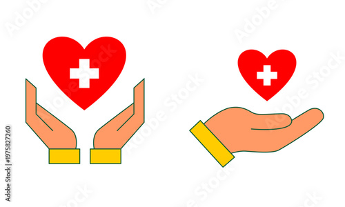 Healthcare support icon set with open hands holding red medical heart symbols, white cross marks, and clean minimalist layout, caring health insurance and aid vector design on light background