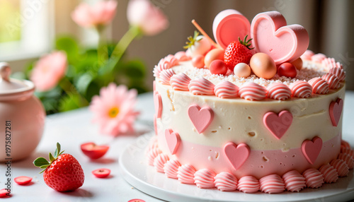 Elegant Mother's Day cake with heart design on festive table, celebration
