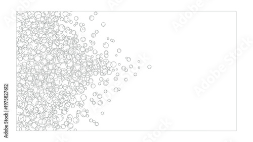 Konstfotografi Dispersing Bubbles: A dynamic cascade of small, translucent bubbles emanates from the left side of the frame, gradually thinning out into the white expanse
