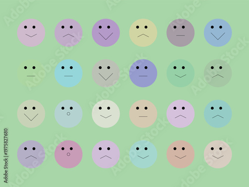 A colorful array of emoticon faces on a bright green background with various expressions