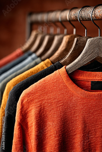 Row of colorful sweaters on wooden hangers — vibrant fashion display