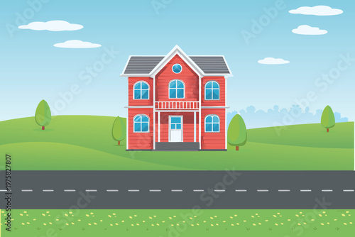 Charming red two story house with a green landscape and blue sky