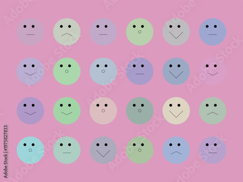 A colorful array of emoticon faces on a vibrant purple background with various expressions