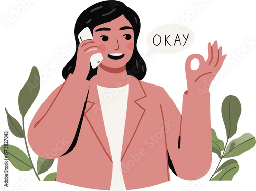 Woman on phone giving an okay gesture with a speech bubble