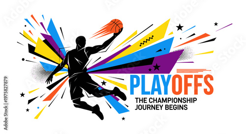 Basketball Player Silhouette Dunking with Abstract Explosive Background and "PLAYOFFS" Text