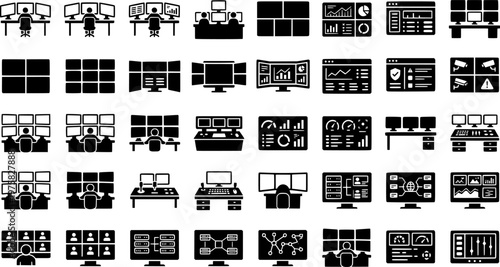 Icon set of people monitoring multiple screens in control room
