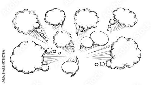 Comic Bubble Burst: A captivating illustration showcases a dynamic array of speech bubbles, each designed with unique shapes and expressions, emanating outward in a visual explosion.