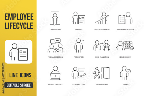 A set of employee lifecycle icons for onboarding, training, performance tracking, and career transitions, created in line style with editable stroke