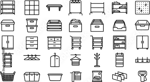 Home organization icons set – line, outline, storage and decluttering symbols
