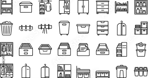 Home organization icons set – line, outline, storage and decluttering symbols
