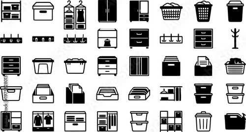 Home organization icons set – line, outline, storage and decluttering symbols
