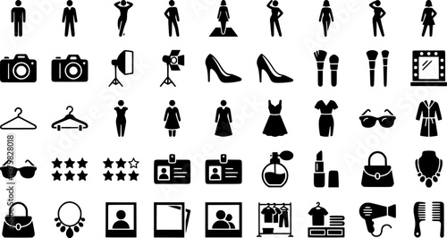 Fashion Icon Array. Modeling industry. Line icon set of modeling industry: model silhouette, runway, camera, spotlight, high heels, makeup brush, mirror