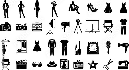 Fashion Icon Array. Modeling industry. Line icon set of modeling industry: model silhouette, runway, camera, spotlight, high heels, makeup brush, mirror