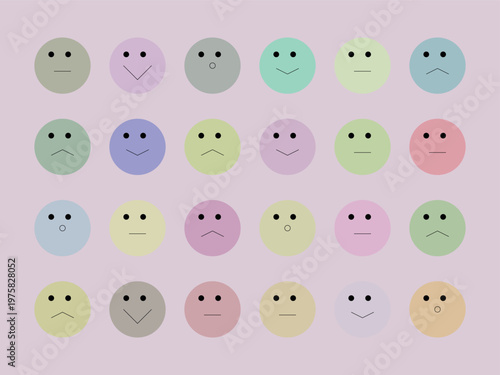 A colorful array of emoticon faces on a light purple background with various expressions