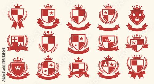 Red Heraldic Shields and Crests with Ribbons and Laurel Wreaths