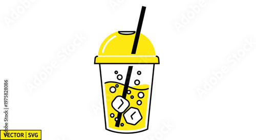 Refreshing Yellow Drink in Plastic Cup with Ice Cubes and Straw - Vector Icon