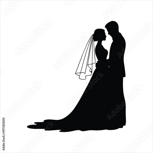 A romantic silhouette of a couple embracing on their wedding day