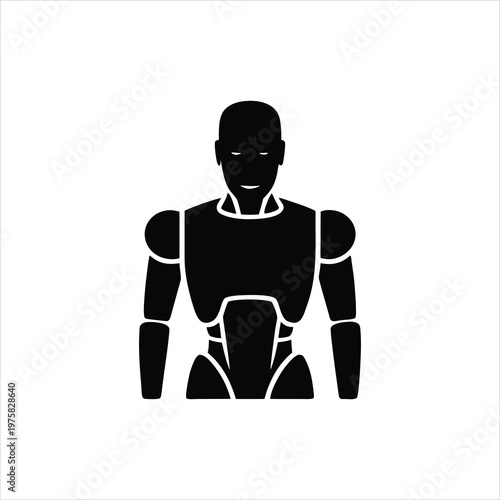 A black and white illustration of a humanoid robot