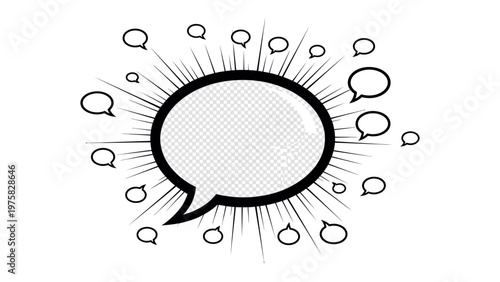 Comic Speech Bubble: A striking comic-style speech bubble, emanating dynamic lines, is surrounded by a constellation of smaller thought bubbles, symbolizing dialogue and ideas.