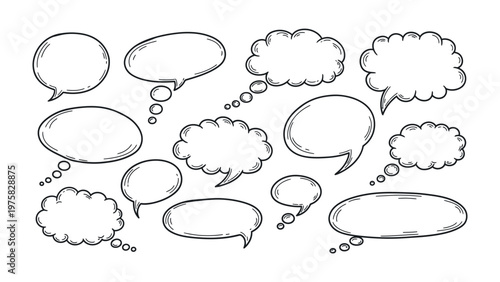 Speech Bubbles Collection: A collection of various hand-drawn speech bubbles, perfect for conveying thoughts, ideas, and dialogue in creative designs.