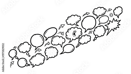 Ideas in Flight: A constellation of thought bubbles, each uniquely shaped, ascends diagonally, capturing the essence of diverse ideas, concepts, and dialogue.