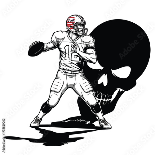 Illustration of American Football Player with Skull Shadow