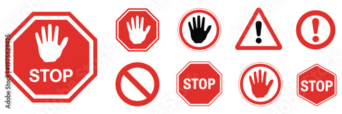 Red STOP sign icon set vector illustration featuring hand symbol warning attention prohibition danger alert road traffic sign design