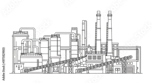 Industrial factory illustration with pipes chimneys and conveyors on white background