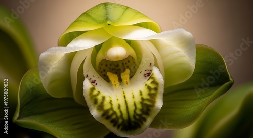 Extreme close-up macro shot of a delicate, pale green and white lady slipper orchid with intricate patterned labellum, soft focus, detailed petals, botanic beauty, studio lighting, natural e