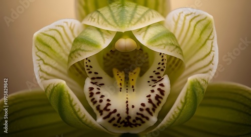 Macro extreme close-up of a delicate pale green Cymbidium orchid flower, revealing intricate details of petals and stamen with soft bokeh background, elegant botanical beauty.