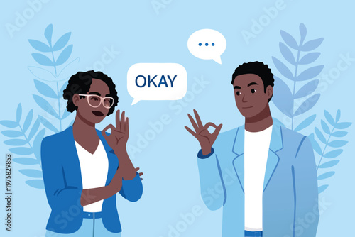 Two people communicating with hand gestures and speech bubbles