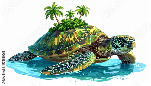 Island Turtle - A whimsical illustration of a turtle with a tropical island on its back.