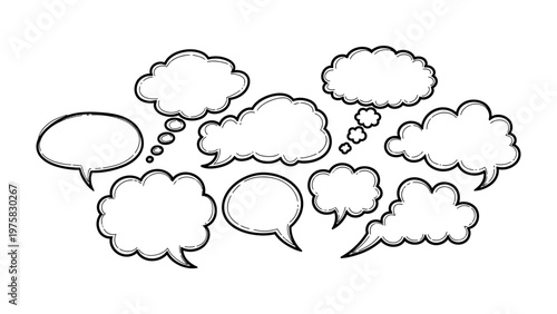Speech Bubbles: A collection of various hand-drawn speech bubbles ready for adding text, suitable for communication and expression. 