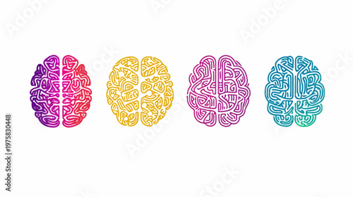 Four stylized brains in diverse, vibrant gradient colors against a clean white backdrop