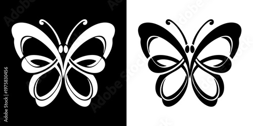 Butterfly illustrations displayed in black and white on contrasting backgrounds