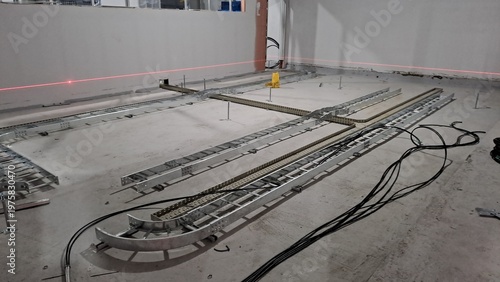 telecommunication high tech cable tray and electrical tray installation on floor before access floor in control room