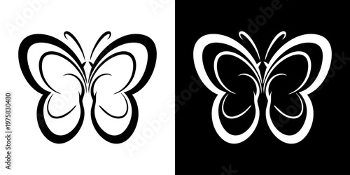 A black and white illustration of two butterflies on contrasting backgrounds