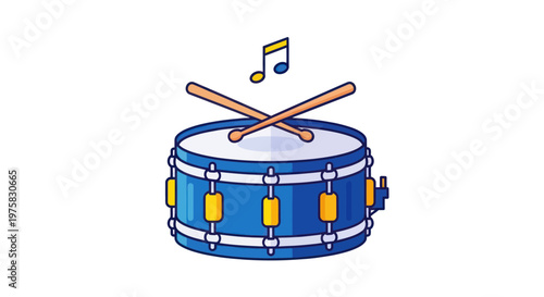 Blue Drum with Crossed Sticks and Music Note - Percussion Instrument Illustration