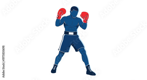 Boxer silhouette, fighting stance, dynamic pose, red gloves, blue uniform, athletic, sport