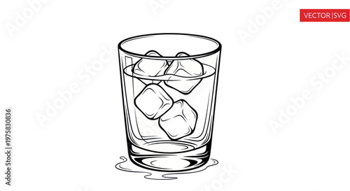 Cool drink with ice cubes in a glass, refreshing beverage, white background, line art illustration