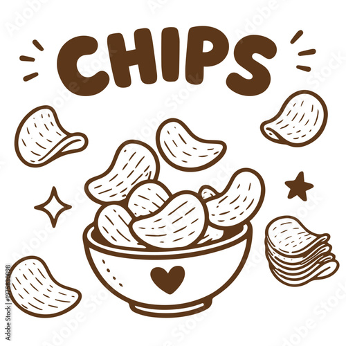 Chips bowl with potato crisps snack fast food illustration
