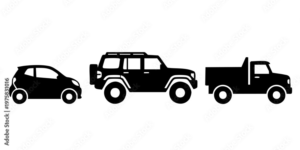 Fototapeta premium Three black silhouettes of vehicles driving side by side on road