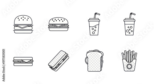 Fast Food Icons: Burgers, Fries, Sandwiches, and Drinks - Vector Set