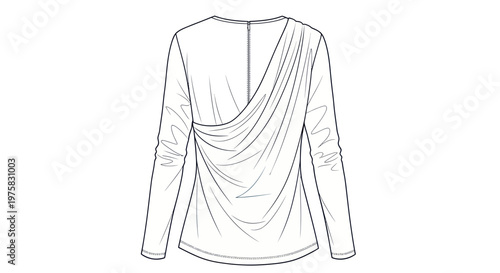 Fashion sketch of a draped long-sleeve top, elegant garment design, back view