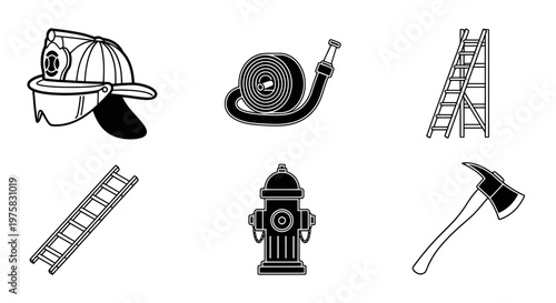 Firefighter Equipment Icons: Helmet, Hose, Hydrant, Ladder, Axe
