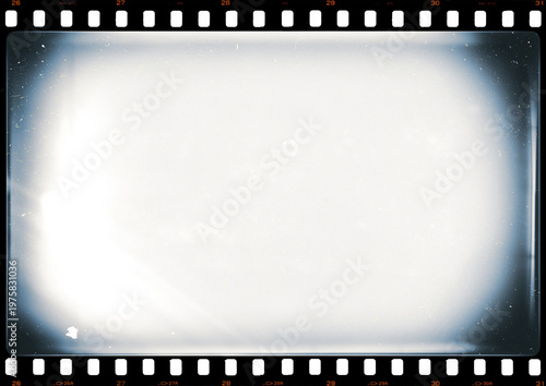 35mm photo film strip with white dusts and scratches and strong lens vignetting, A4 aspect ratio page template with transparent background (PNG image)