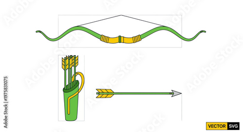Green Bow and Arrows, Quiver Icon Set - Vector Illustration
