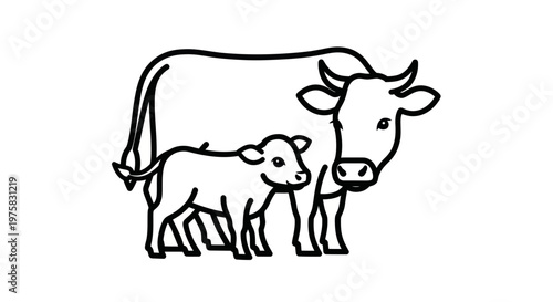 Line art illustration of a mother cow and calf, farm animals, black and white outline