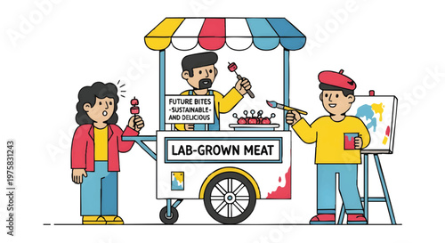 People buying lab-grown meat from a food cart, illustration